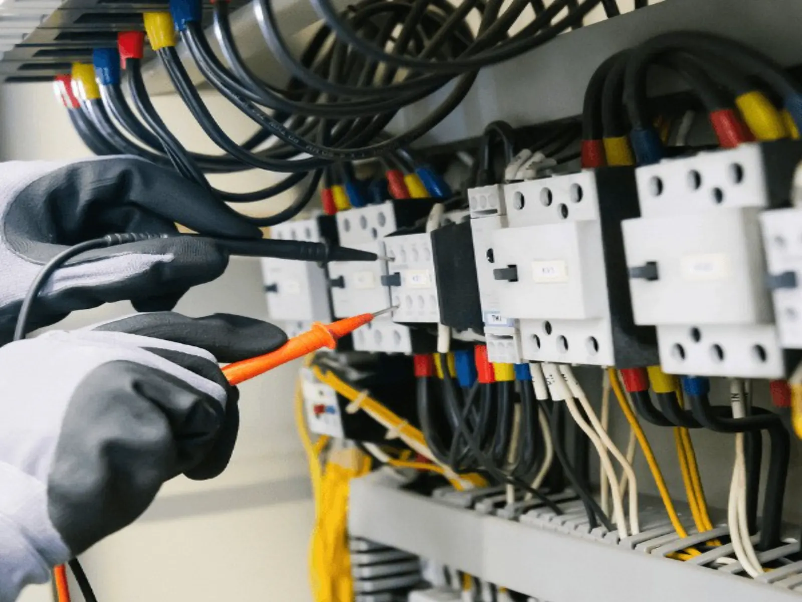 Electricista con guantes prueba los contactores de un tablero con un multímetro de puntas